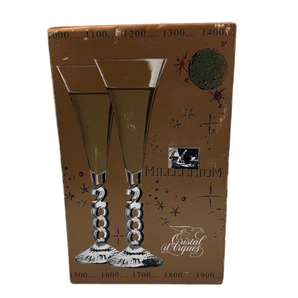 Pair of Cristal d'Arques Millennium Champagne Flutes 10 1/4” Tall 2000 Stem